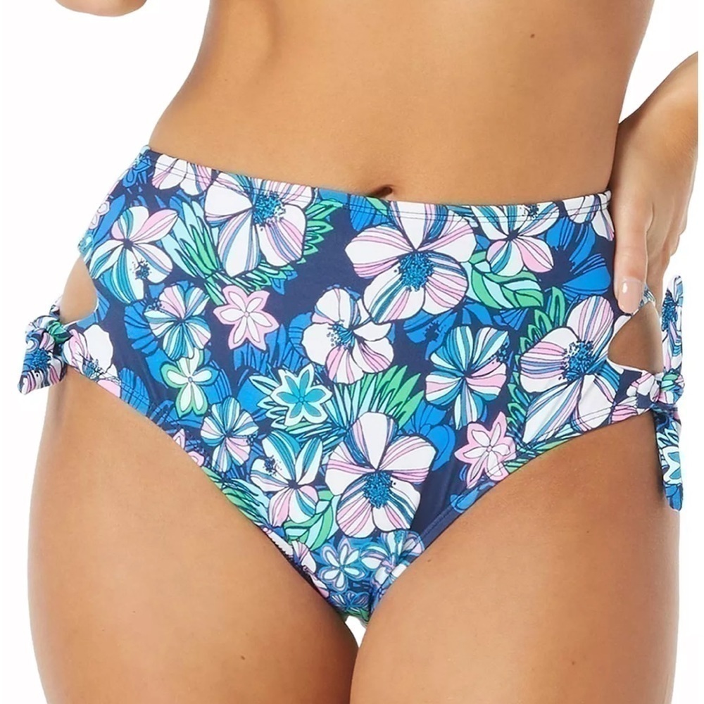 SUNDAZED Tatum Floral-Print Tie Side High-Waist Bottoms, swimsuit L New Blue